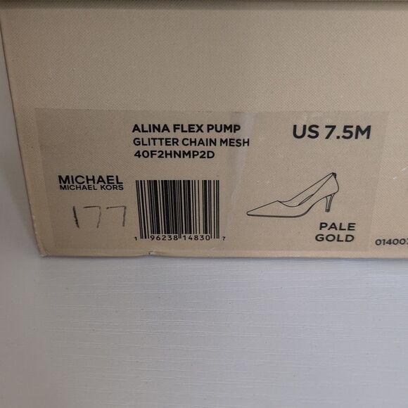 Michael Kors 7.5 Alina Flex Pump Pale Gold Glitter Chain Mesh Heels, NEW - Picture 2 of 11